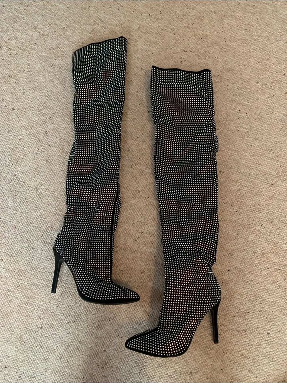 Black Rhinestone Thigh High Stiletto Boots - Sparkle Stretch Shaft